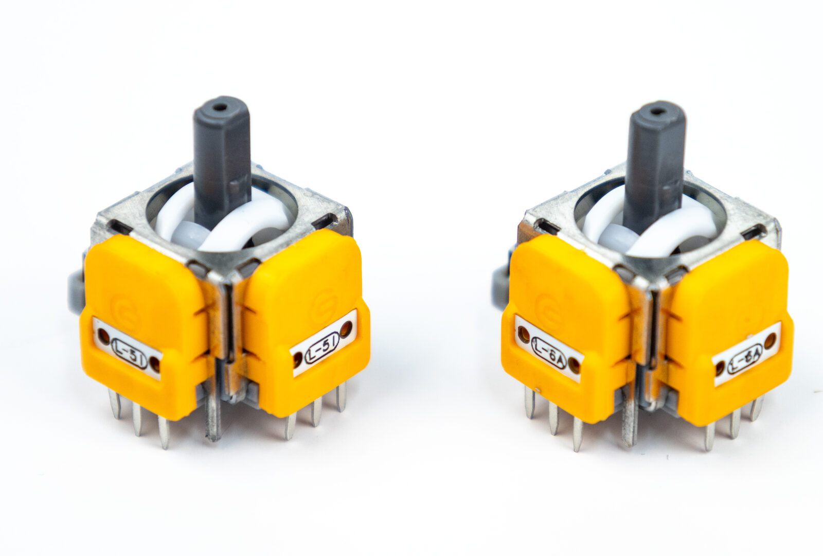 A pair of Hall effect replacement joystick modules for a PS5 DualSense controller