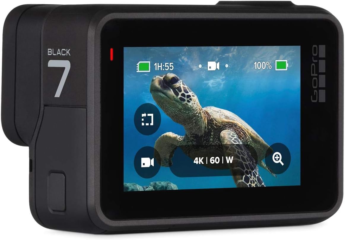 GoPro Hero 7 Black rear touchscreen showing 4K60 recording settings
