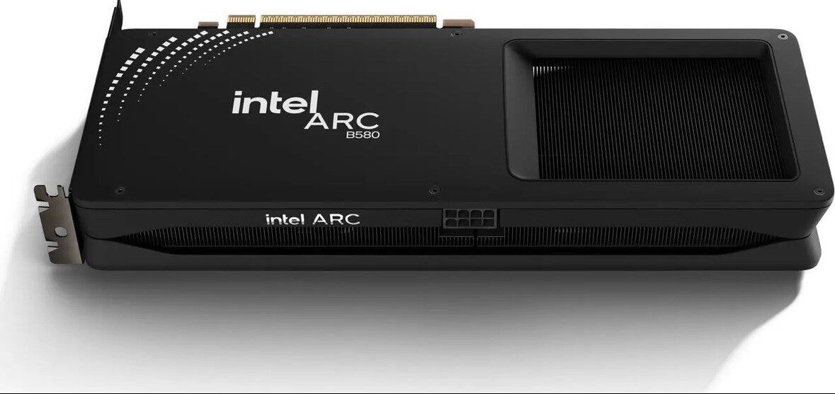 An Intel Arc B580 graphics card seen from the side, showing the intel ARC branding
