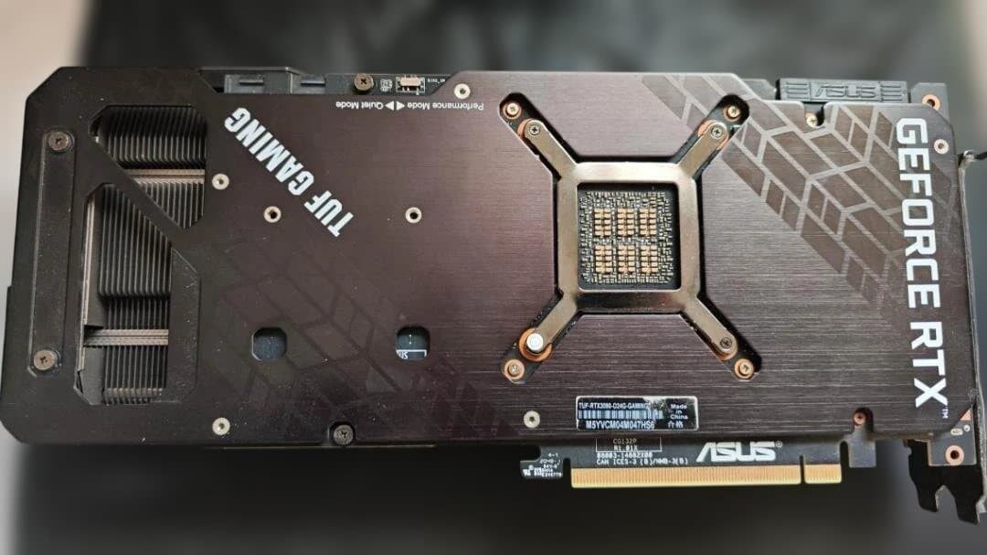 The backplate of an ASUS TUF RTX 3090, the 24 GB card favoured for local AI work