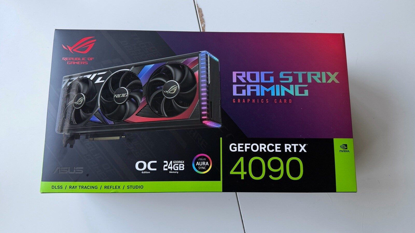 The retail box for an ASUS ROG Strix RTX 4090, kept for resale