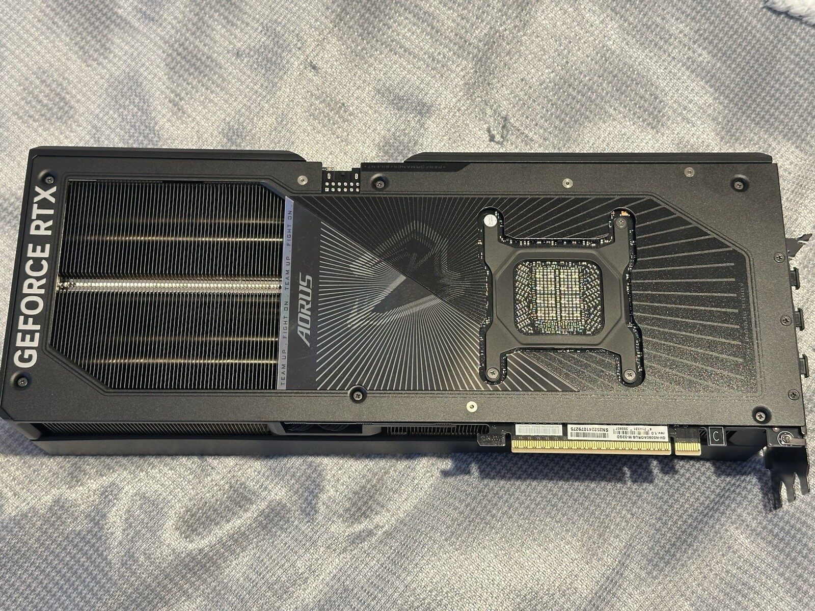The backplate of a Gigabyte AORUS RTX 5090, a 32 GB graphics card