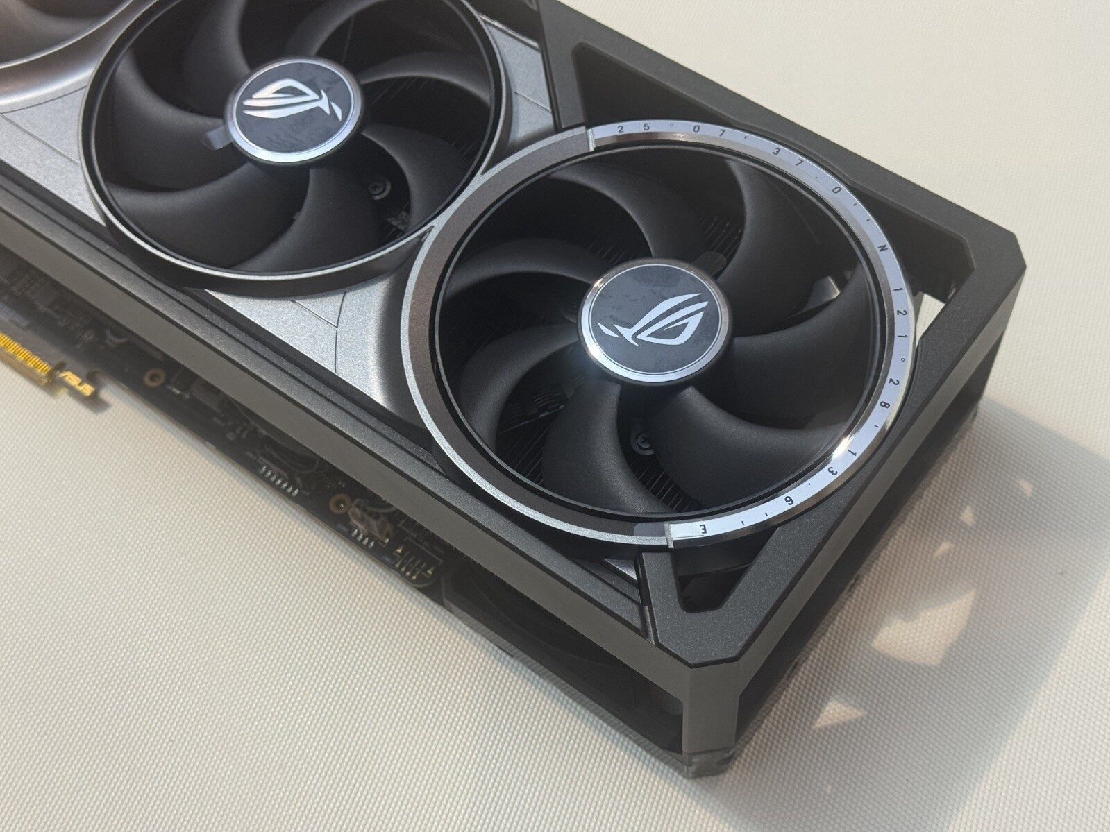 A close view of the fans on an ASUS ROG RTX 5090 graphics card